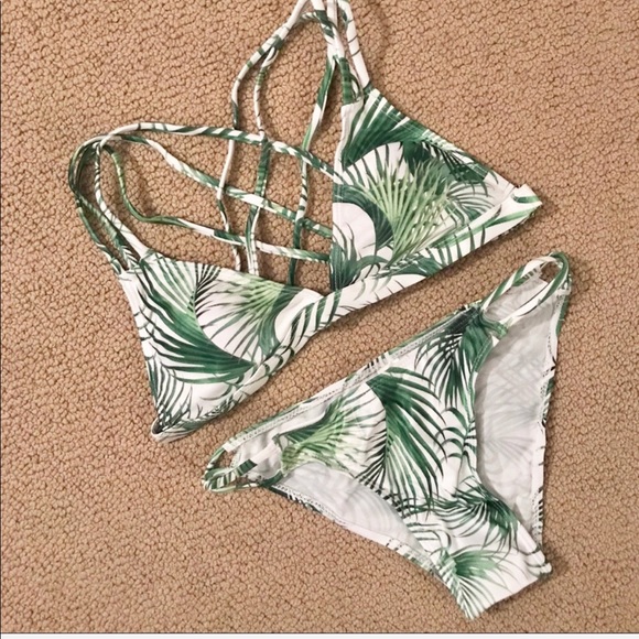 Other - Green and White Leaf Print Strappy Bikini